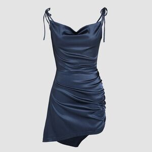 Navy Blue Satin Open Back Dress